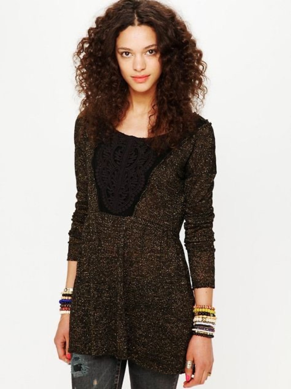 Free People Black and Gold Long Sleeve Knit Dress with Lace Yoke
